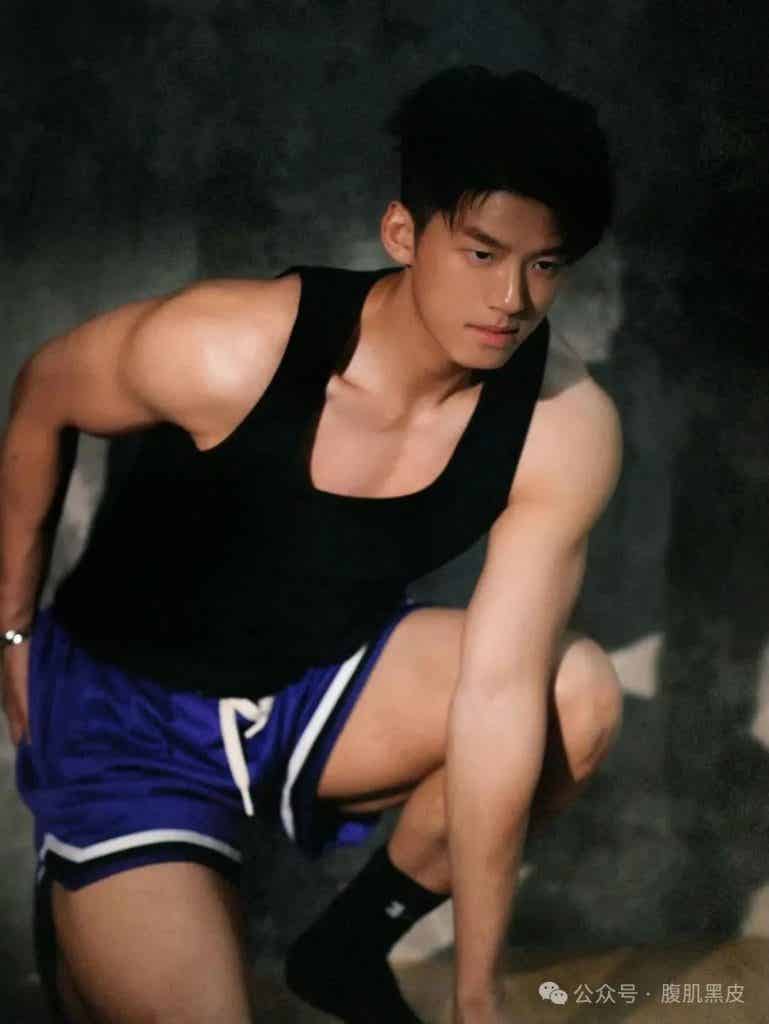 00 后黑皮体育生天菜，腹肌撩起硬邦邦