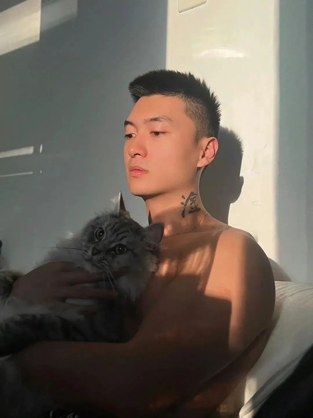 一看就很有性张力！健身型男与萌宠共享温馨时光